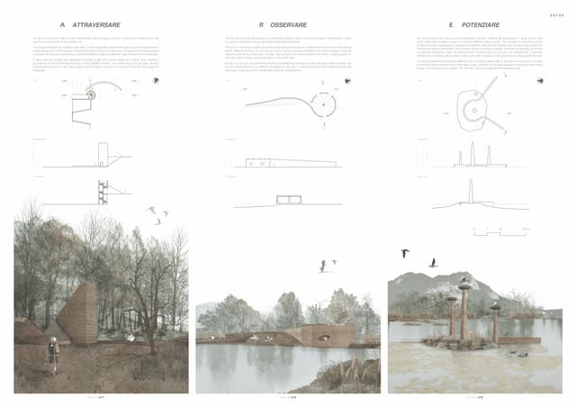 Competition board with plans, sections and collage views of the three brick pavilions in the reserve.