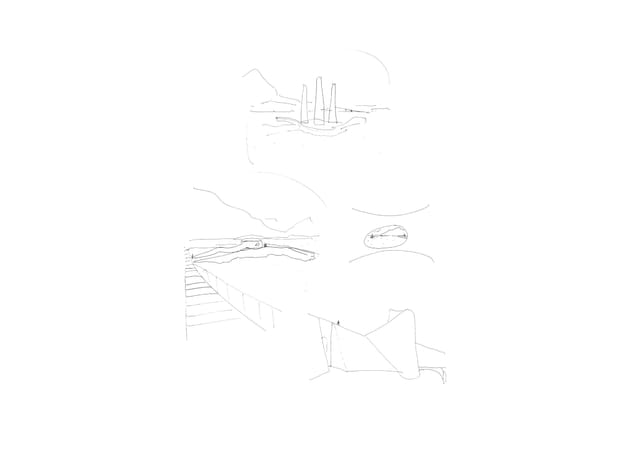 Line sketches of the three pavilions in the landscape: brick columns, a wall and a stair.