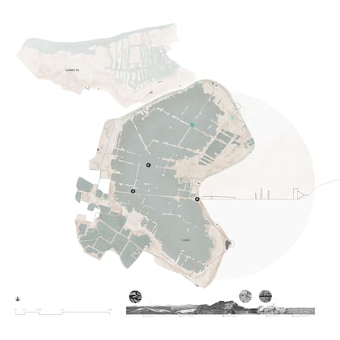 Site plan of the Torbiere del Sebino reserve showing the peat lakes, paths and the three pavilion locations.