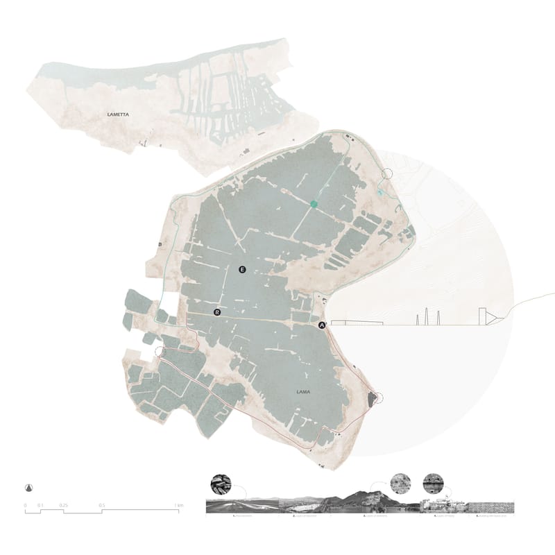 Site plan of the Torbiere del Sebino reserve showing the peat lakes, paths and the three pavilion locations.