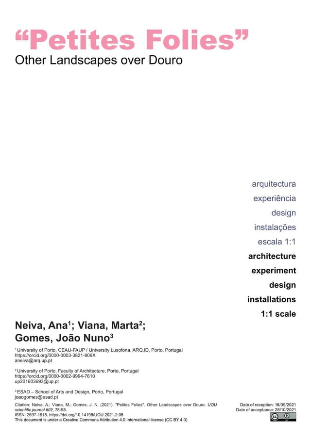 Title page of the UOU journal article “Petites Folies – Other Landscapes over Douro” by Neiva, Viana and Gomes.