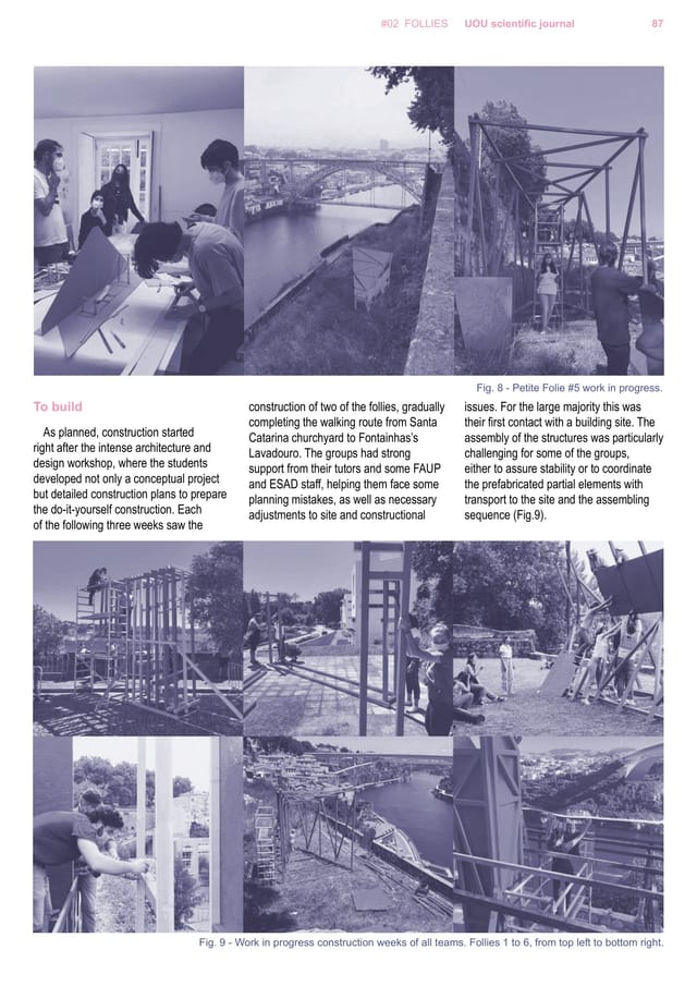 Article page with photographs of the six teams building the follies on site.