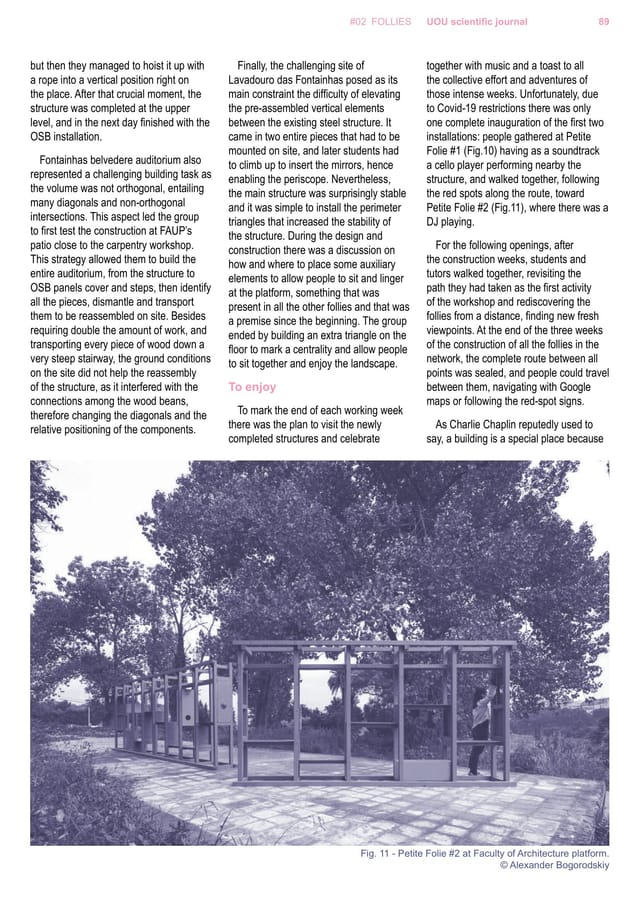 Article page with a photograph of the long timber-frame folly no. 2 on the Faculty of Architecture platform.