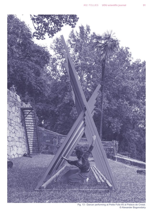 Article page with a dancer performing inside the triangular timber folly no. 3.