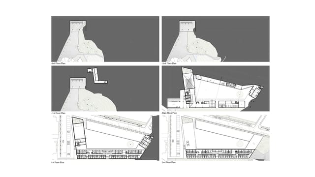 Sequence of floor plans of the student residence and cultural spaces on the sloping site.