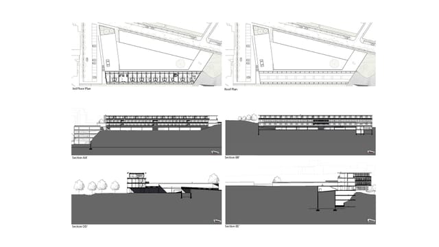 Upper floor and roof plans with four sections through the building and the terrain.
