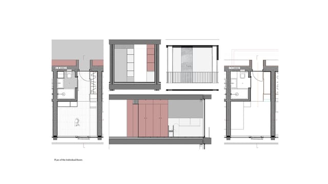 Plans and sections of an individual student room, with built-in furniture highlighted in red.