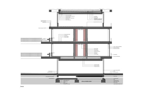 Detailed construction section through the building, with annotated layers.