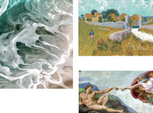 Mood board pairing sea foam with paintings by Van Gogh and Michelangelo as concept references.