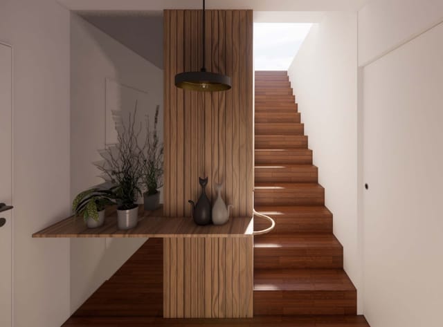 Rendering of the entrance with a timber-slat screen, wall shelf and wooden stair lit from above.