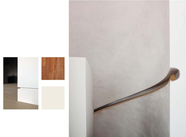 Material board with wood, off-white samples and a curved plaster stair wall with wooden handrail.