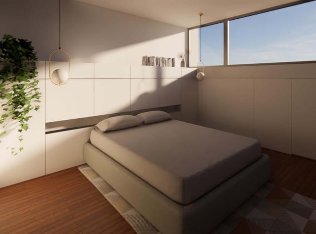 Rendering of a bedroom with built-in white storage, hanging plants and a high horizontal window.