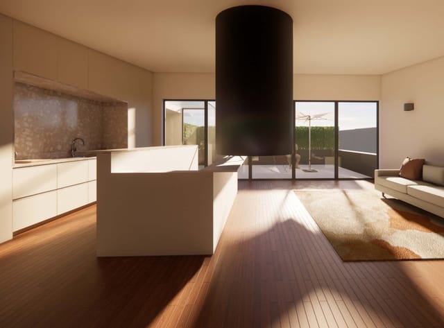 Rendering of the open living space with kitchen island, cylindrical black hood and glazed doors to a terrace.