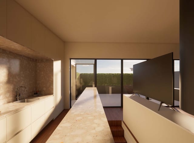 Rendering along a stone-topped kitchen counter toward the glazed terrace, with a television on a low unit.