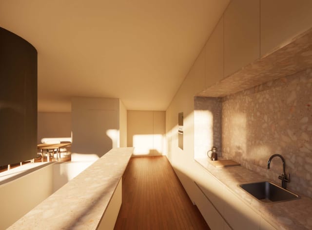 Rendering of the kitchen with terrazzo backsplash and stone counter in warm low sunlight.