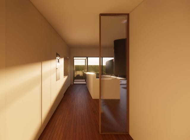 Rendering of a long corridor with a reeded-glass panel in a timber frame and the terrace beyond.