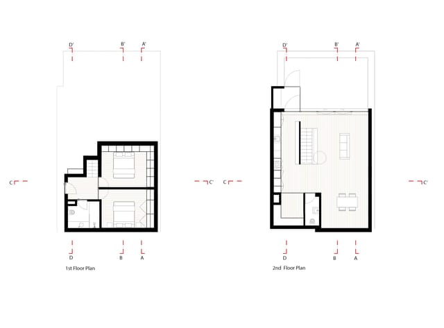 First and second floor plans of the apartment, with section lines marked.