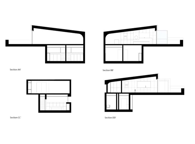 Four building sections showing the sloped roof and the two-level layout of the apartment.