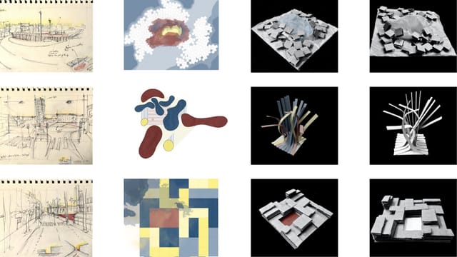 Grid of process work: sketchbook drawings, abstract colour studies and white conceptual models.