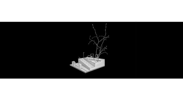 White model of a stepped platform with branches, against a black background.