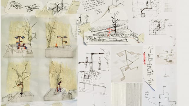 Wall of sketches, collages and model studies exploring branches, platforms and stairs.
