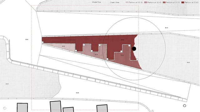 Site plan with the stepped platforms highlighted in red along a road.