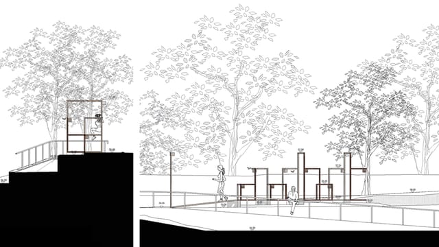 Two sections of the bike-sharing hub: slender frames on a terrace among trees, with people.