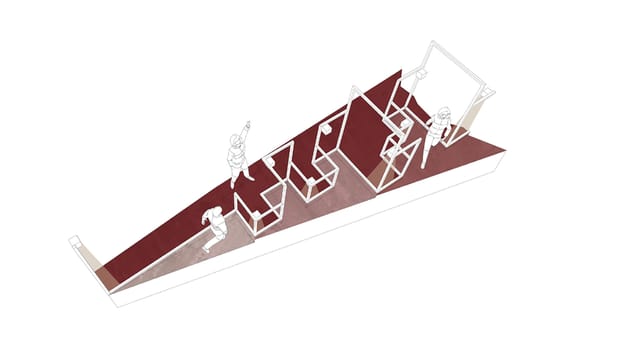 Axonometric drawing of the triangular red platform with frame structures and people using them.