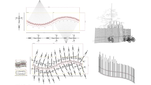 Plans, elevation and perspective of a curved bike rack made of vertical poles.