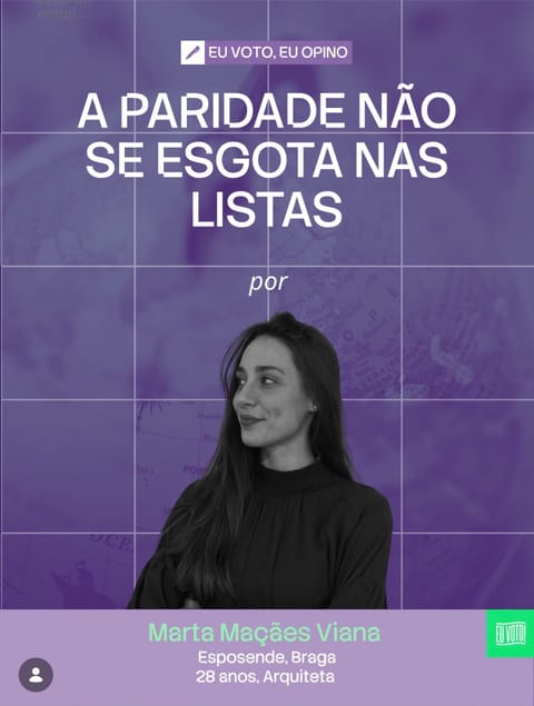 Eu Voto cover for “A paridade não se esgota nas listas”, with Marta Maçães Viana’s portrait on a purple background.