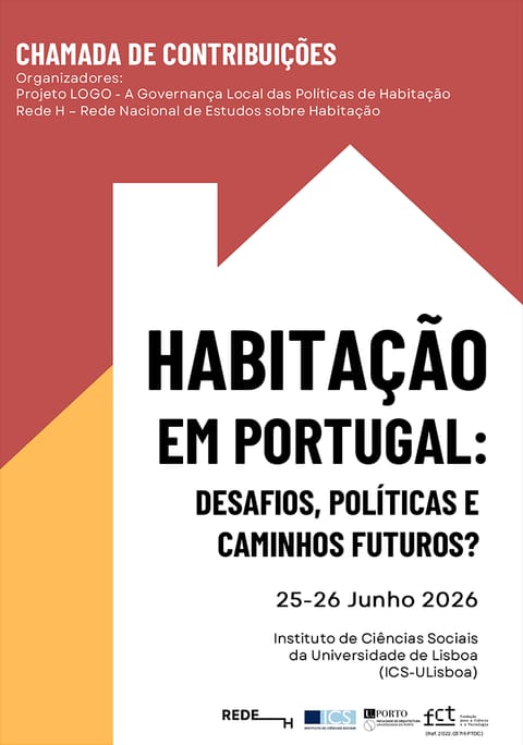 Red, yellow and white poster for “Habitação em Portugal — Desafios, Políticas e Caminhos Futuros?”, held on 25–26 June 2026 at ICS, Universidade de Lisboa.