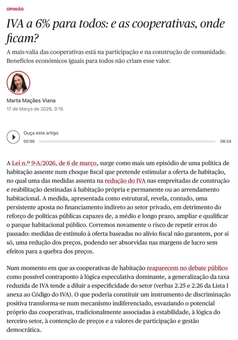 PUBLICO article header for “IVA a 6% para todos, e as cooperativas, onde ficam?”, with Marta Maçães Viana’s portrait, name and publication date.